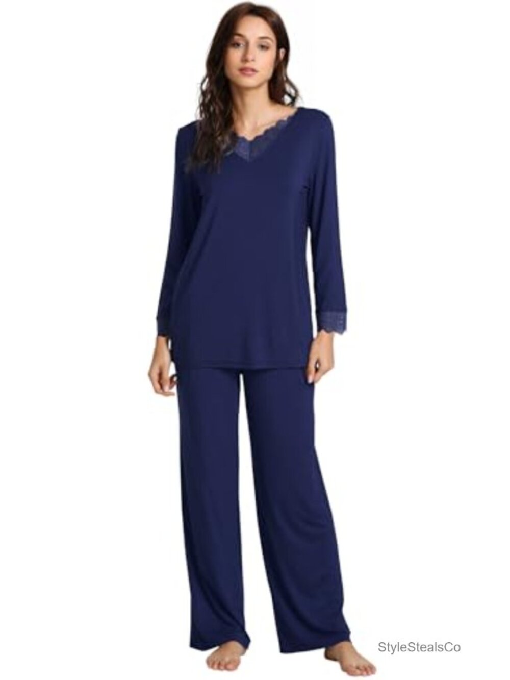 Bamboo Viscose Pajama Set Lace Trim Long Sleeve Sleepwear with Pockets